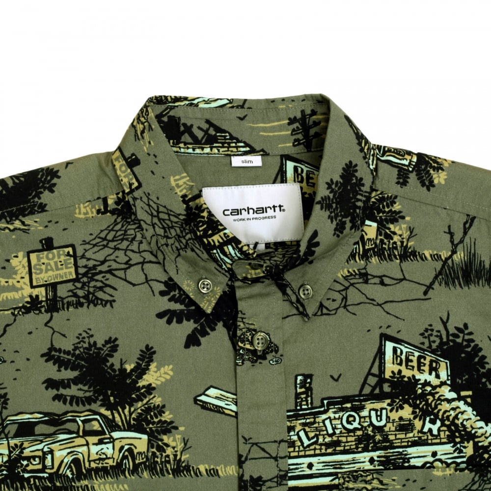 Mens Slimmer Fit Homerun Printed Green Cotton Short Sleeve Shirt with Single Chest Pocket by Carhartt