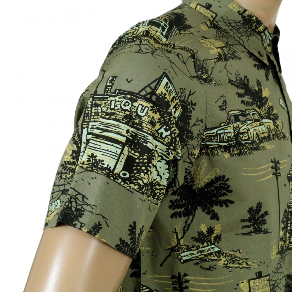 Mens Slimmer Fit Homerun Printed Green Cotton Short Sleeve Shirt with Single Chest Pocket by Carhartt