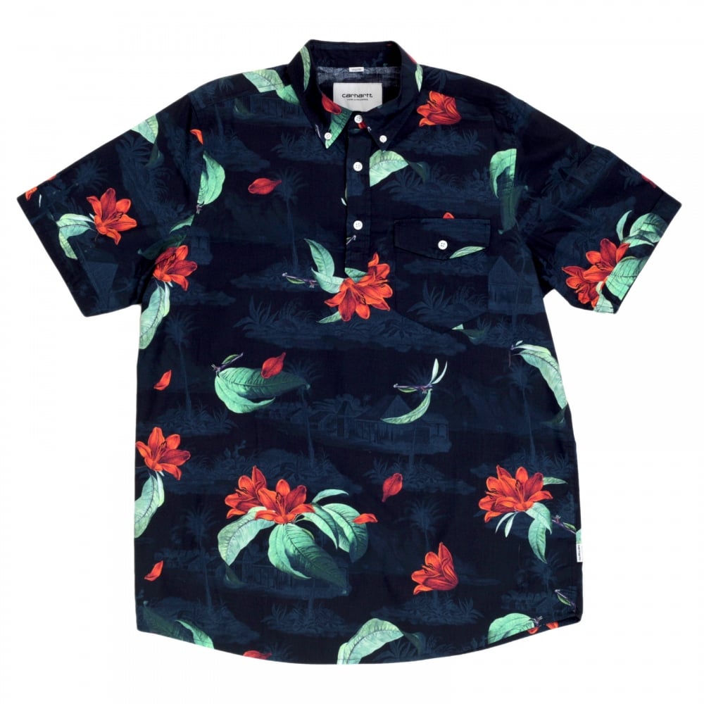 Mens Regular Fit Short Sleeve Roy Tropic Print Navy Cotton Shirt with Single Chest Pocket by Carhartt