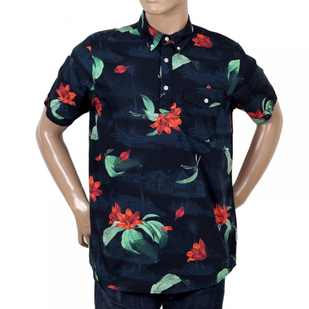 Mens Regular Fit Short Sleeve Roy Tropic Print Navy Cotton Shirt with Single Chest Pocket by Carhartt
