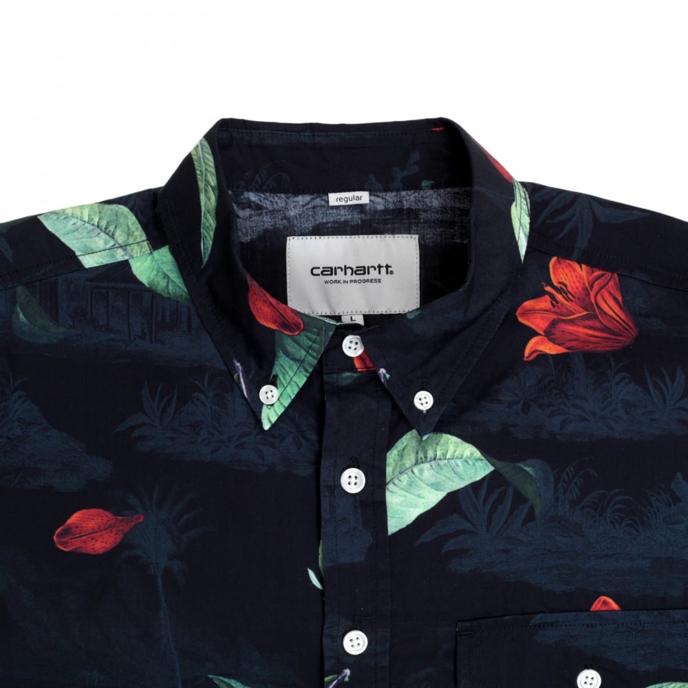Mens Regular Fit Short Sleeve Roy Tropic Print Navy Cotton Shirt with Single Chest Pocket by Carhartt