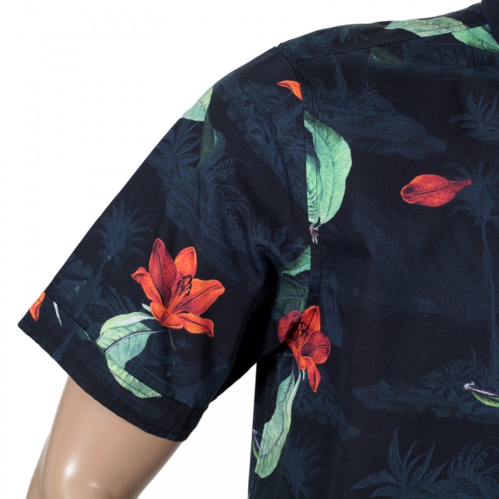 Mens Regular Fit Short Sleeve Roy Tropic Print Navy Cotton Shirt with Single Chest Pocket by Carhartt
