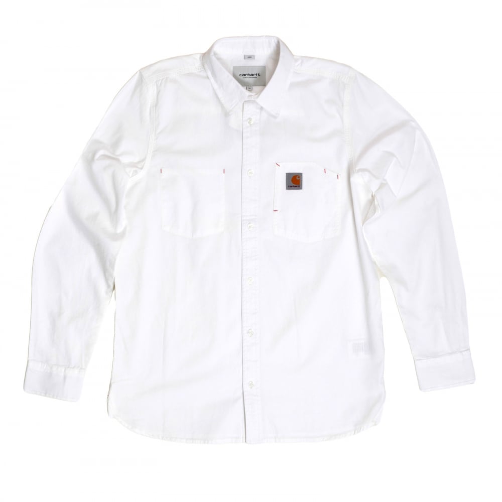 Slim Fit Long Sleeve Wax Rinsed White States Cotton Shirt with Soft Collar and Red Stitch Trims by Carhartt
