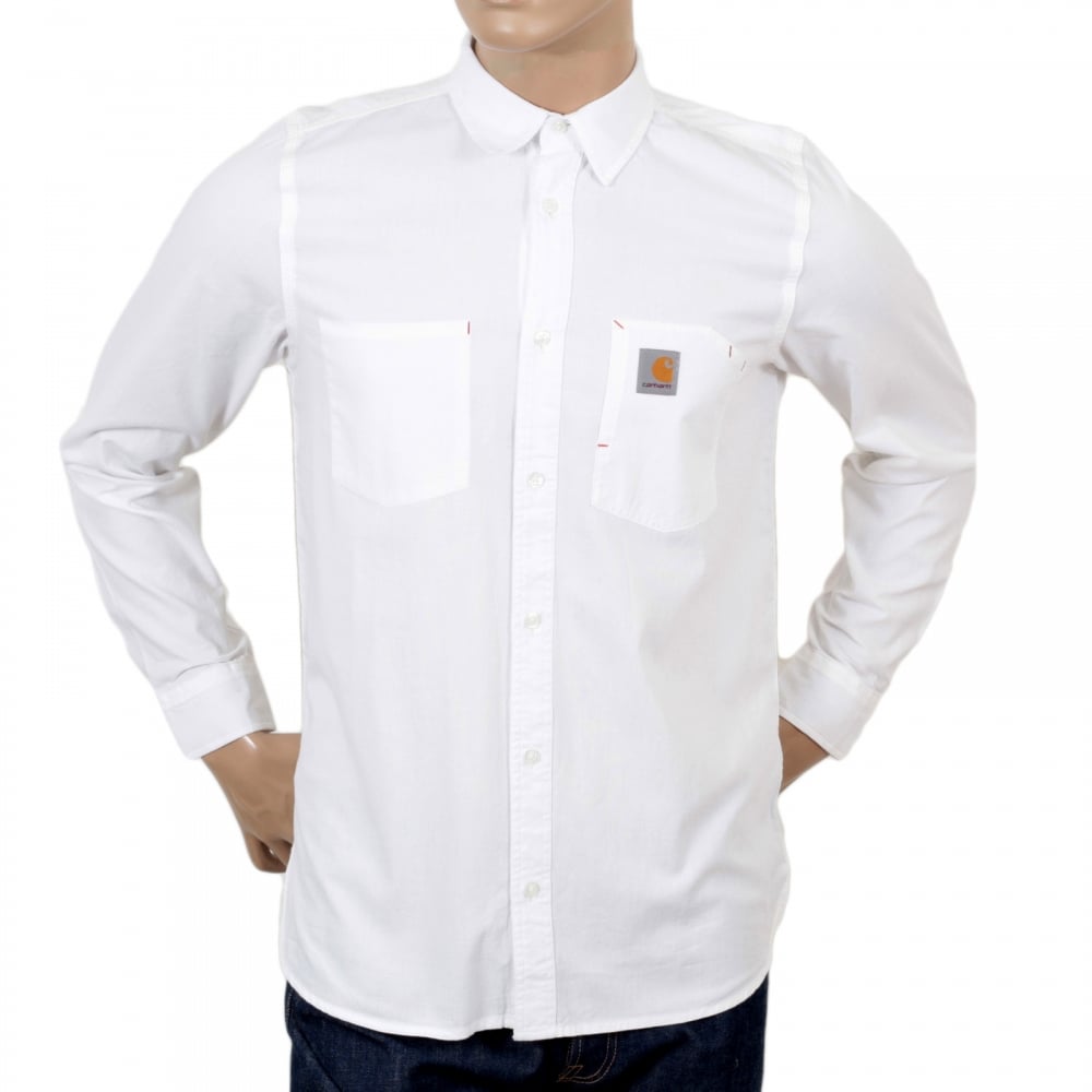 Slim Fit Long Sleeve Wax Rinsed White States Cotton Shirt with Soft Collar and Red Stitch Trims by Carhartt