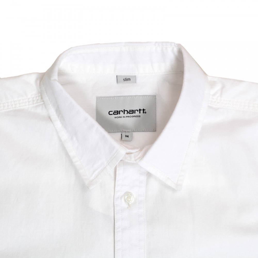 Slim Fit Long Sleeve Wax Rinsed White States Cotton Shirt with Soft Collar and Red Stitch Trims by Carhartt