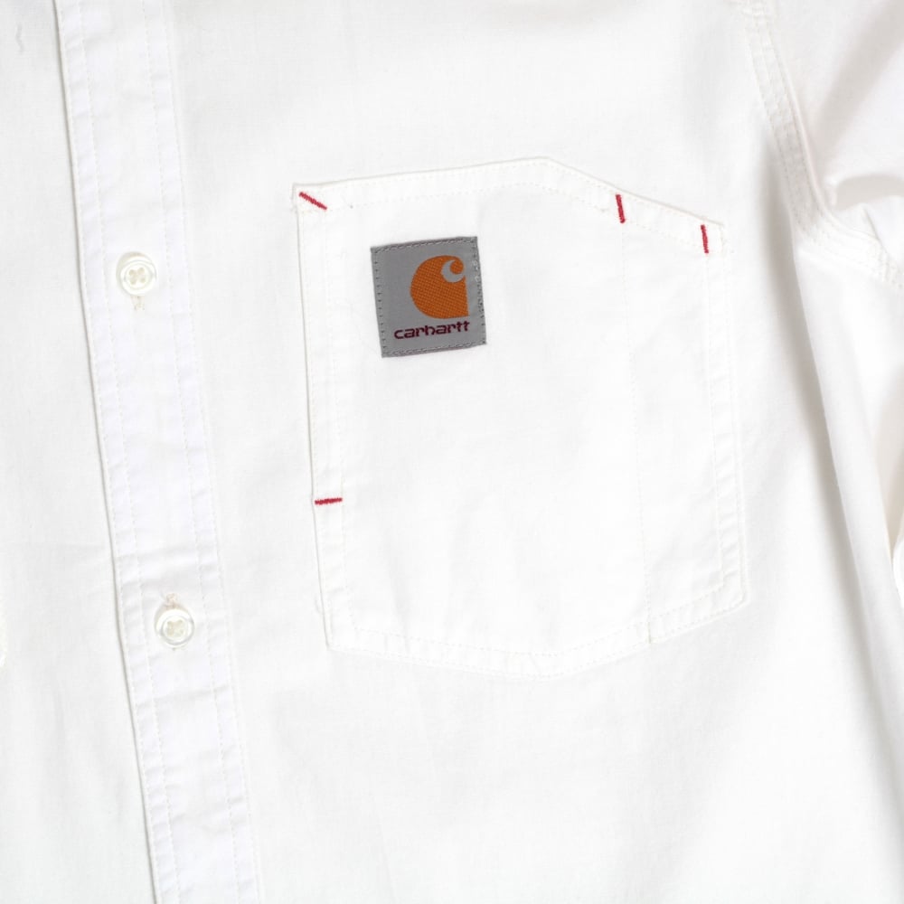 Slim Fit Long Sleeve Wax Rinsed White States Cotton Shirt with Soft Collar and Red Stitch Trims by Carhartt