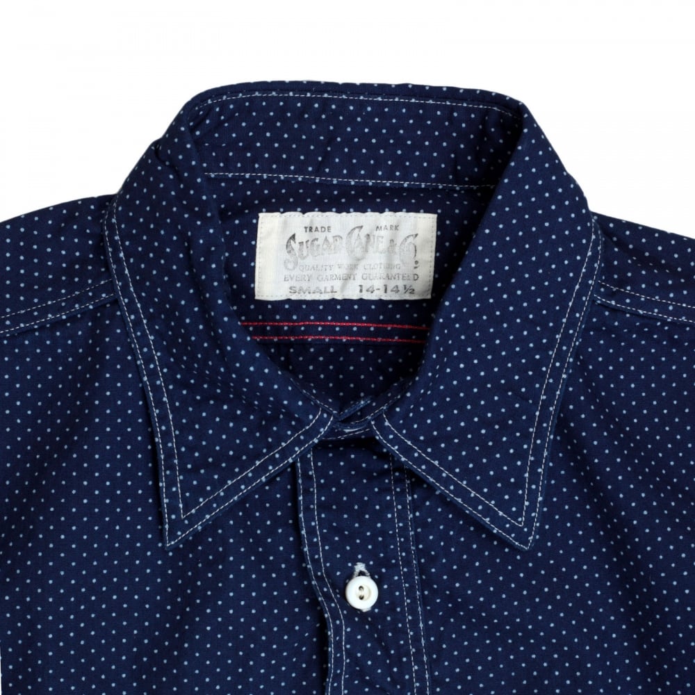 Mens 4.5-Ounce Cotton SC27077 Navy Blue Polka Dot Long Sleeve Work Shirt with Soft collar by Sugar Cane