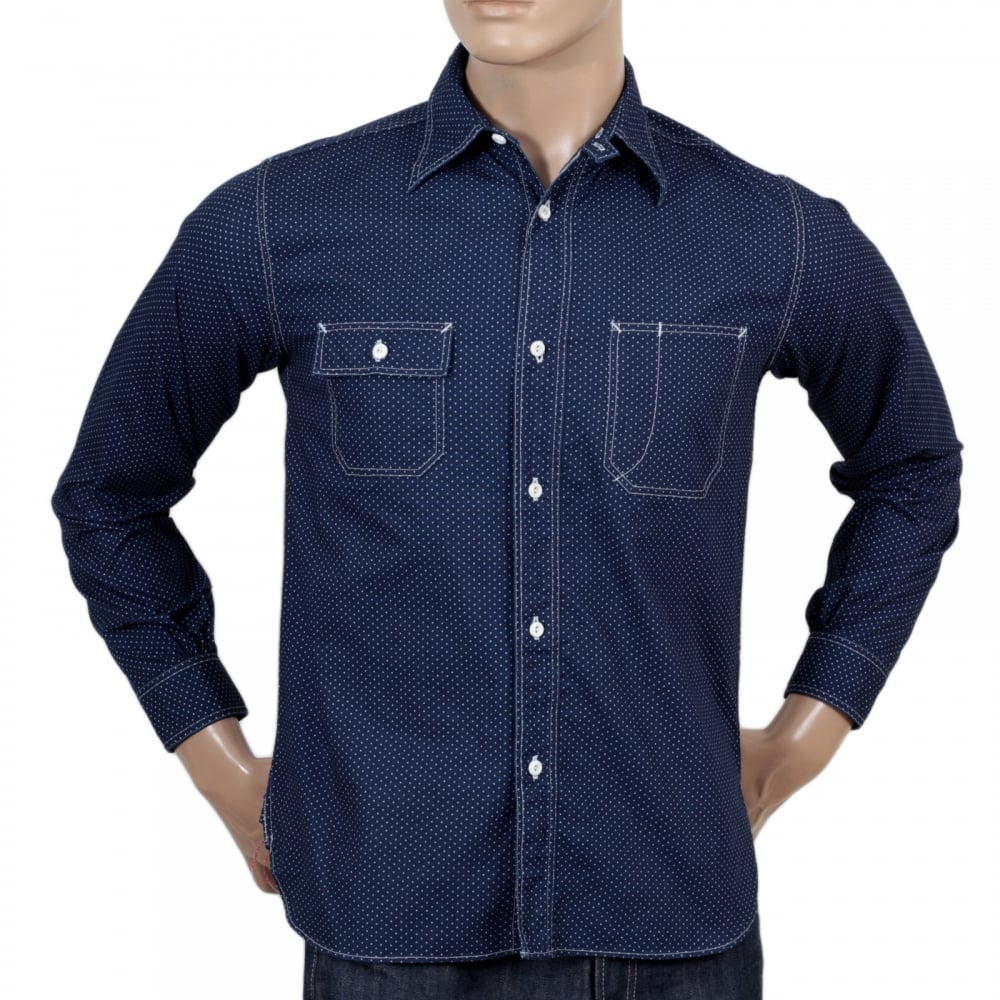Mens 4.5-Ounce Cotton SC27077 Navy Blue Polka Dot Long Sleeve Work Shirt with Soft collar by Sugar Cane