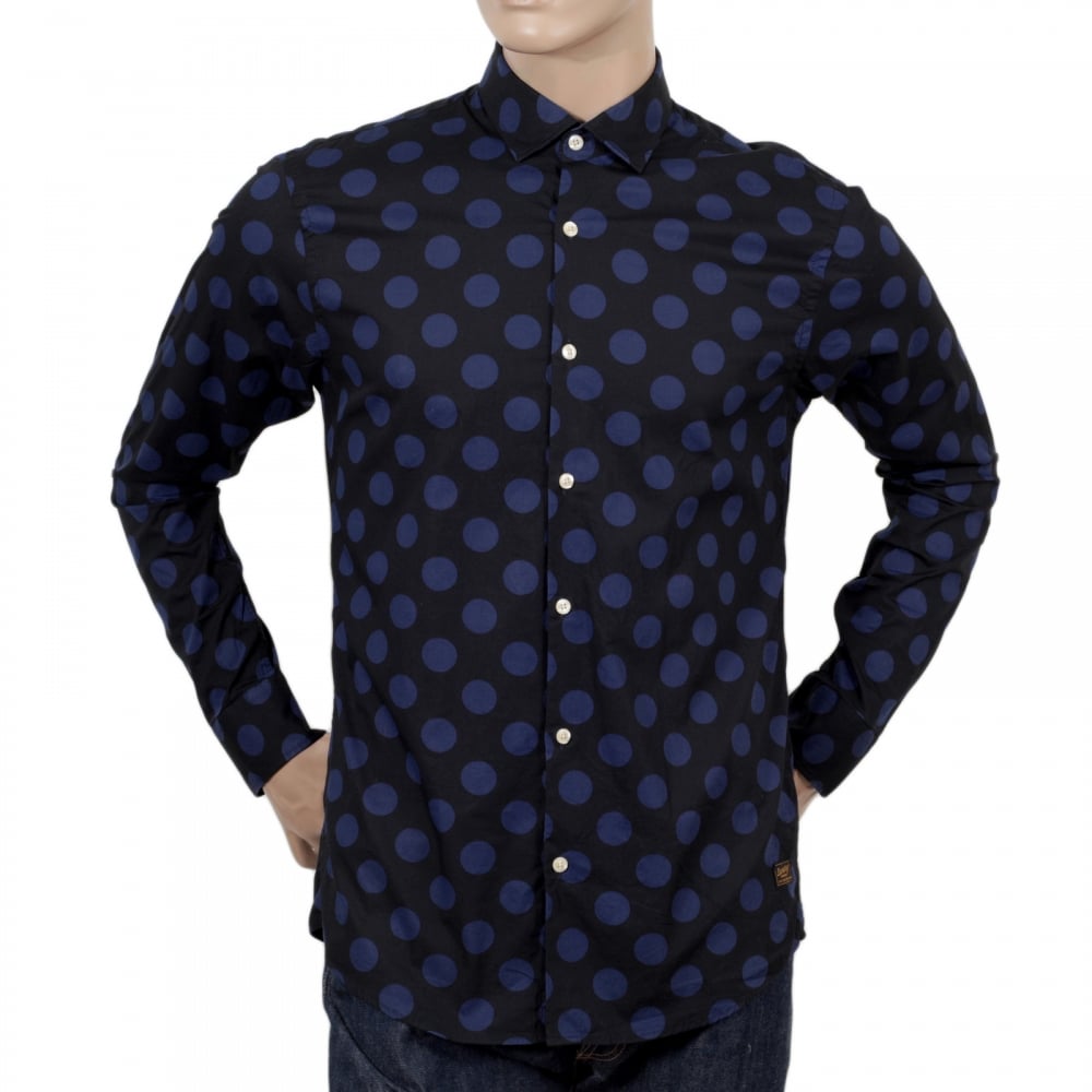 Mens Slim Fit Stretch Cotton 127079 Navy Shirt with Blue Jacquard Circles Print by Soctch and Soda
