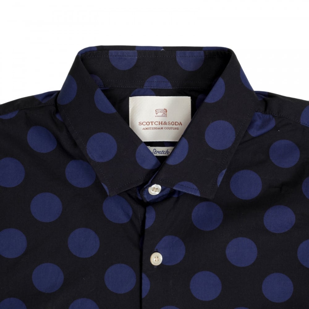 Mens Slim Fit Stretch Cotton 127079 Navy Shirt with Blue Jacquard Circles Print by Soctch and Soda