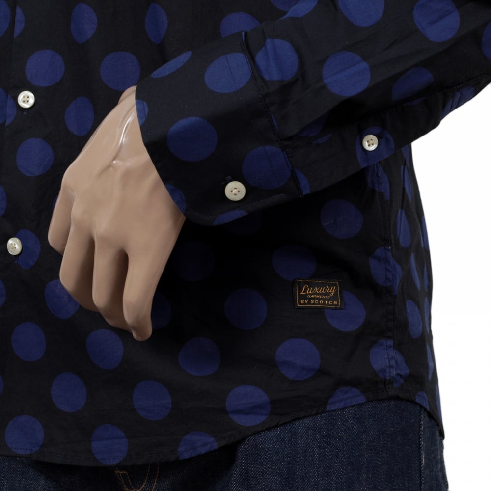 Mens Slim Fit Stretch Cotton 127079 Navy Shirt with Blue Jacquard Circles Print by Soctch and Soda