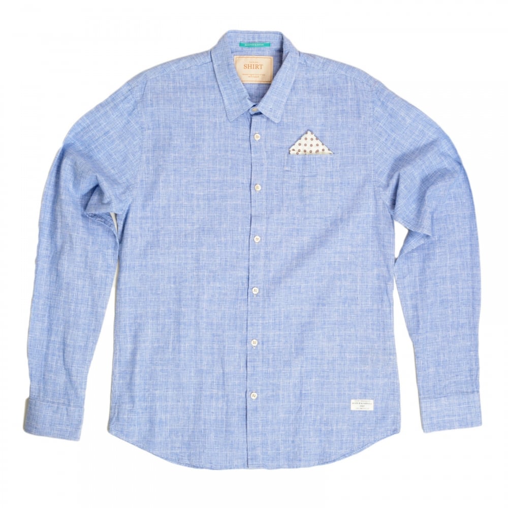 Mens Regular Fit Long Sleeve Prince of Wales Checked Blue Linen and Cotton Mix Shirt by Scotch and Soda