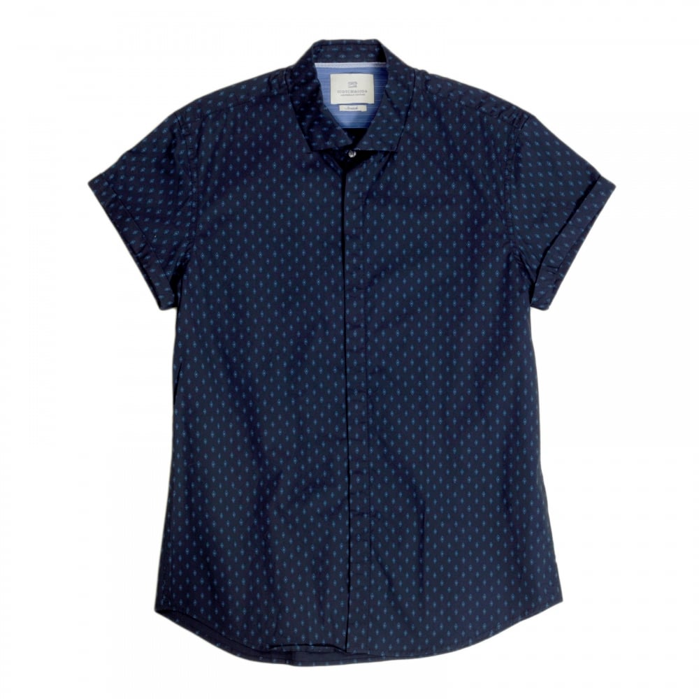 Mens Slim Fit Short Sleeve Stretch Cotton 130749 Navy Shirt with Blue Diamond Print by Scotch and Soda