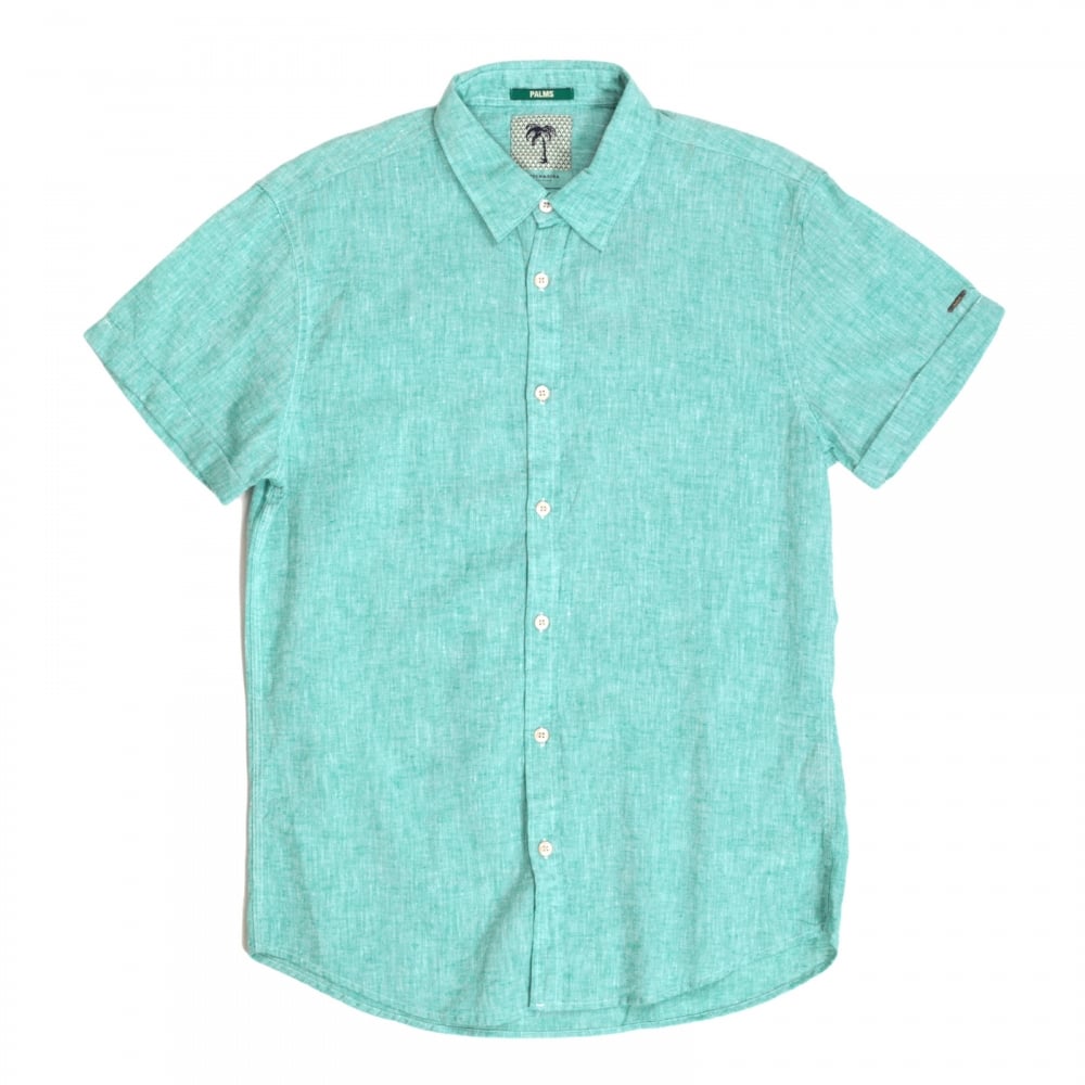 Mens Aqua Regular Fit Short Sleeve Linen and Cotton Mix Shirt with Turned Back Sleve Cuffs by Scotch and Soda
