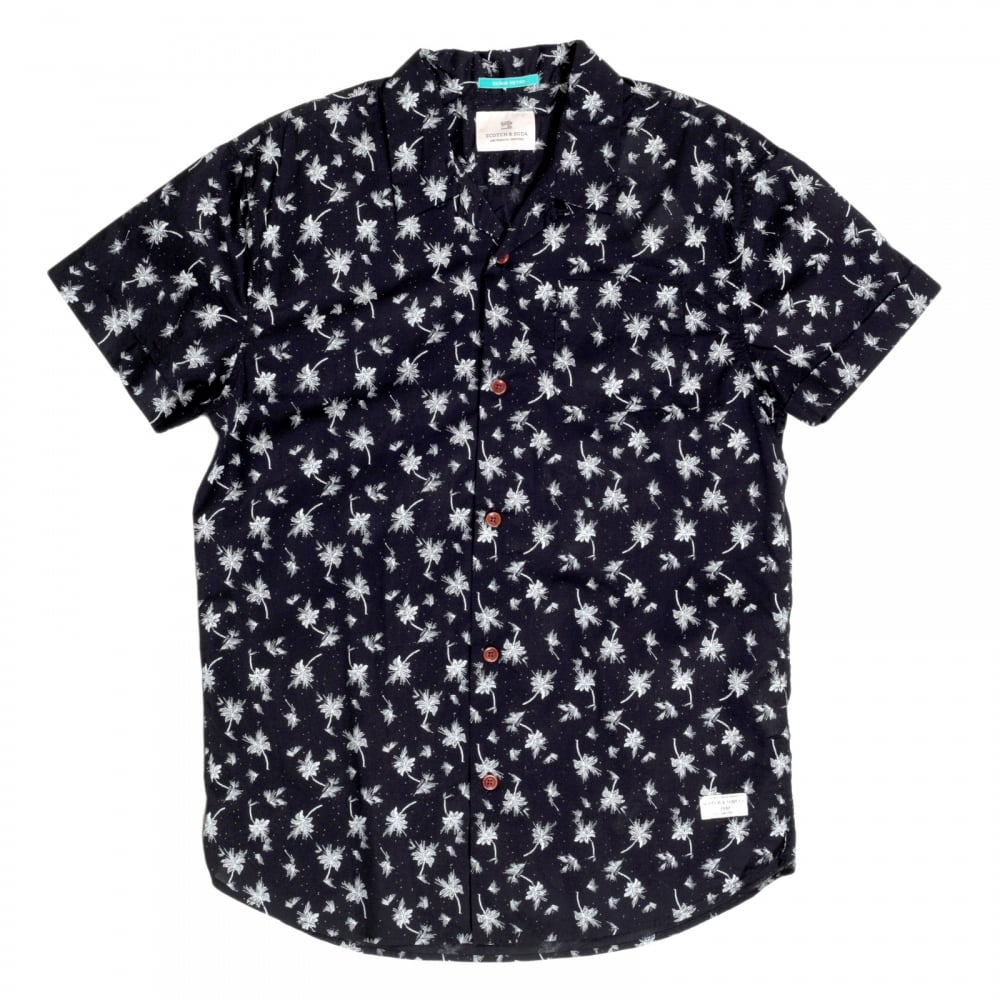Slim fit Short Sleeve Cotton Made Hawaiian Print Shirt in Black with Cuban Collar by Scotch and Soda