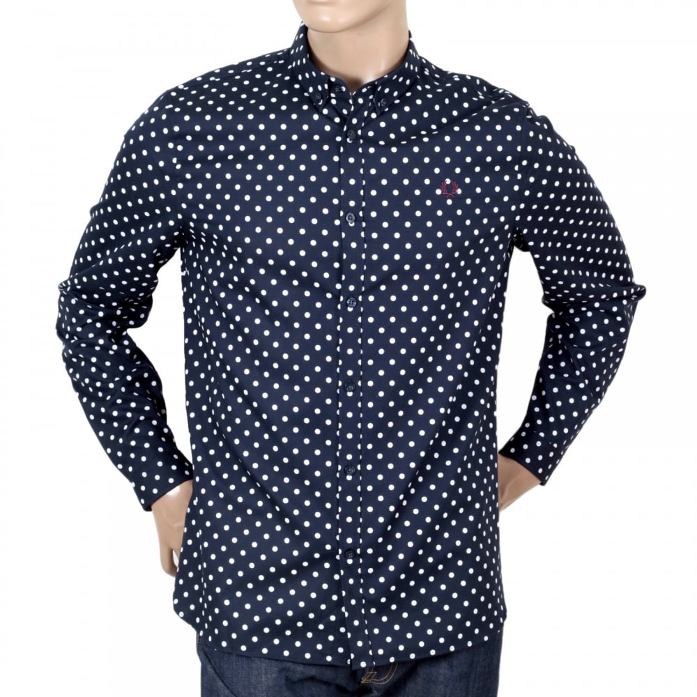Cotton Made Navy Blue Long Sleeve Regular Fit Shirt for Men with Polka Dots from Fred Perry