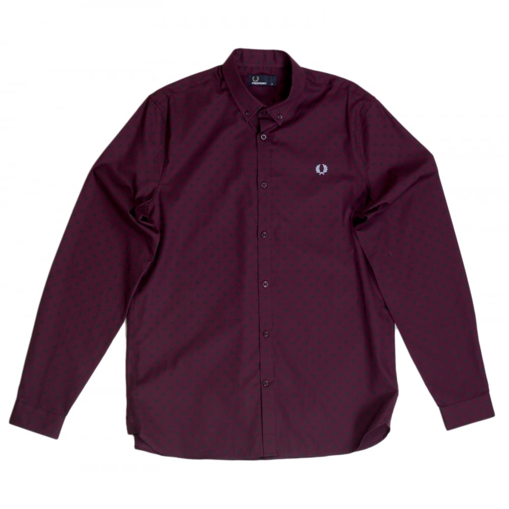 Long Sleeve Mahogany Cotton Shirt with Soft Button Down Collar for Men by Fred Perry