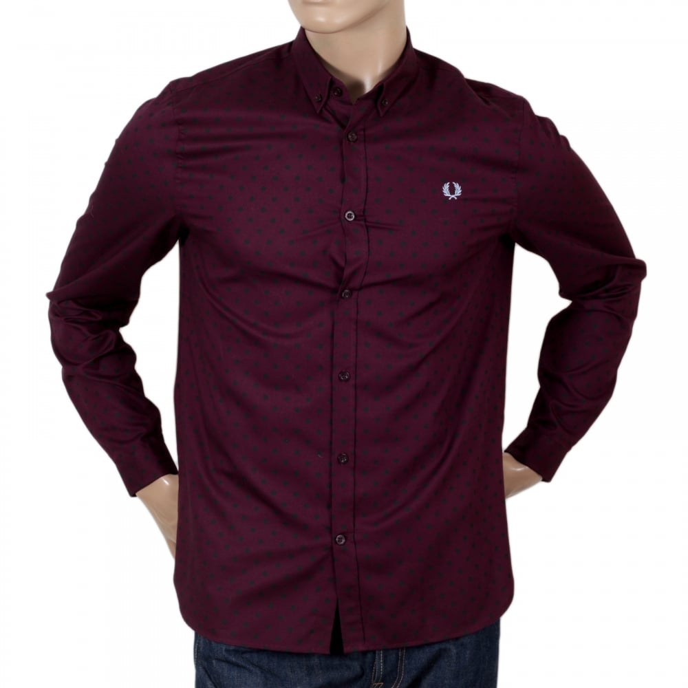 Long Sleeve Mahogany Cotton Shirt with Soft Button Down Collar for Men by Fred Perry