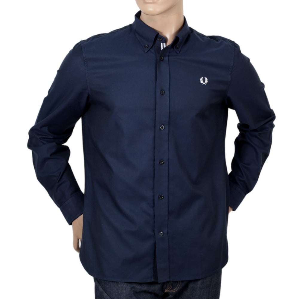 Mens Navy Cotton Made Regular Fit Long Sleeve Shirt by Fred Perry with Logo Embossed Buttons