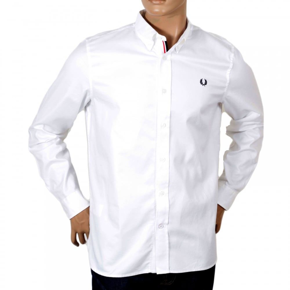 White Long Sleeve Cotton Classic Twill Regular Fit Shirt for Men by Fred Perry with Embossed Buttons