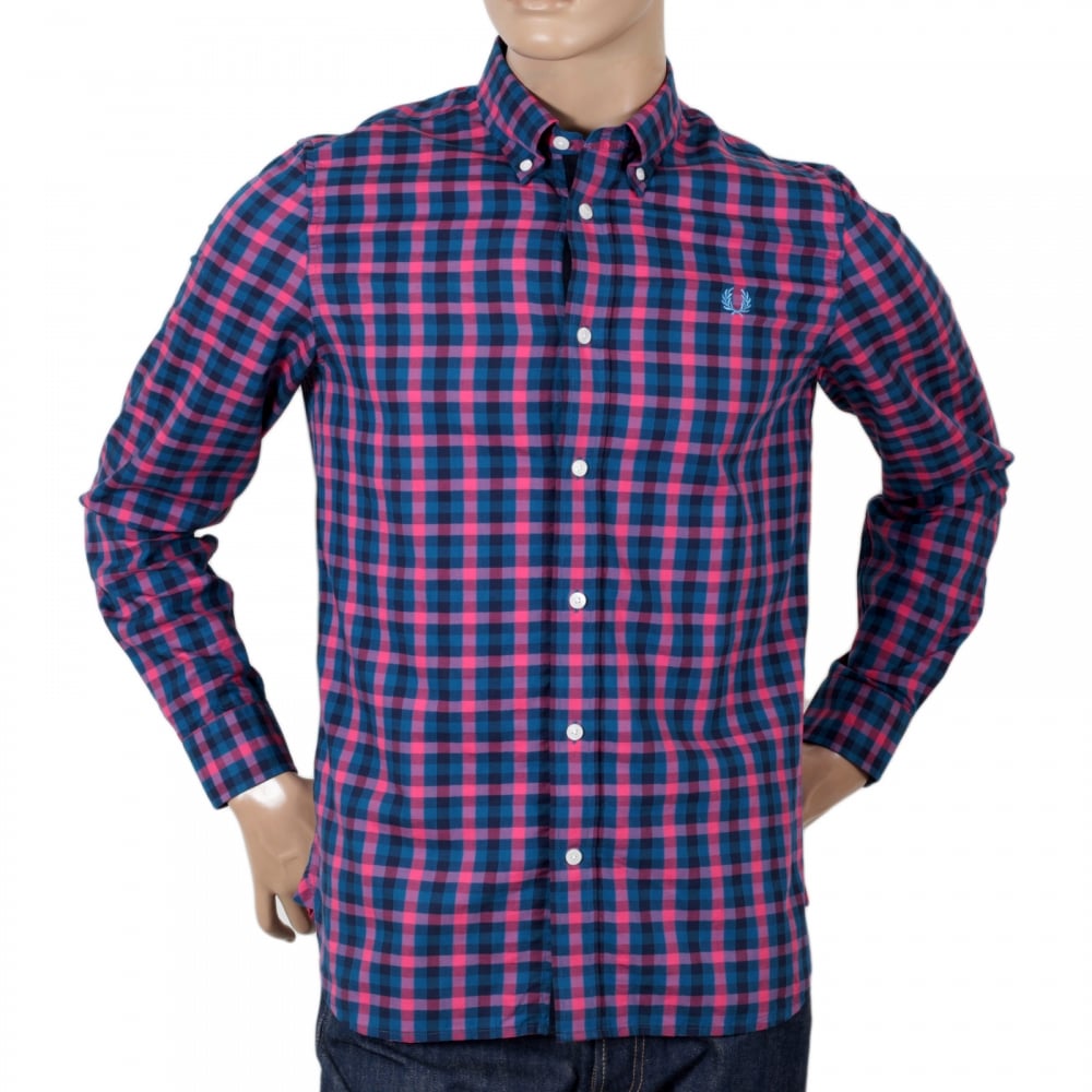 Mens Long Sleeve Blue and Pink Gingham Check Shirt with embroidered chest logo from Fred Perry