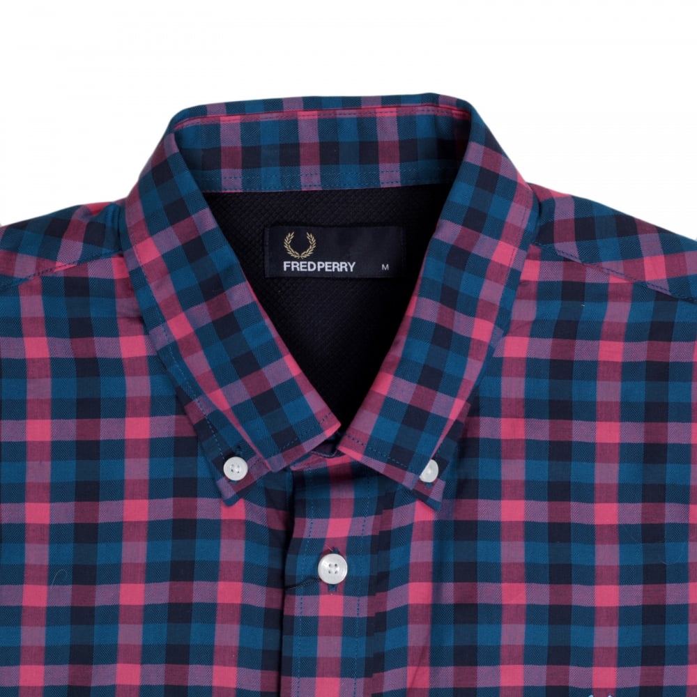 Mens Long Sleeve Blue and Pink Gingham Check Shirt with embroidered chest logo from Fred Perry