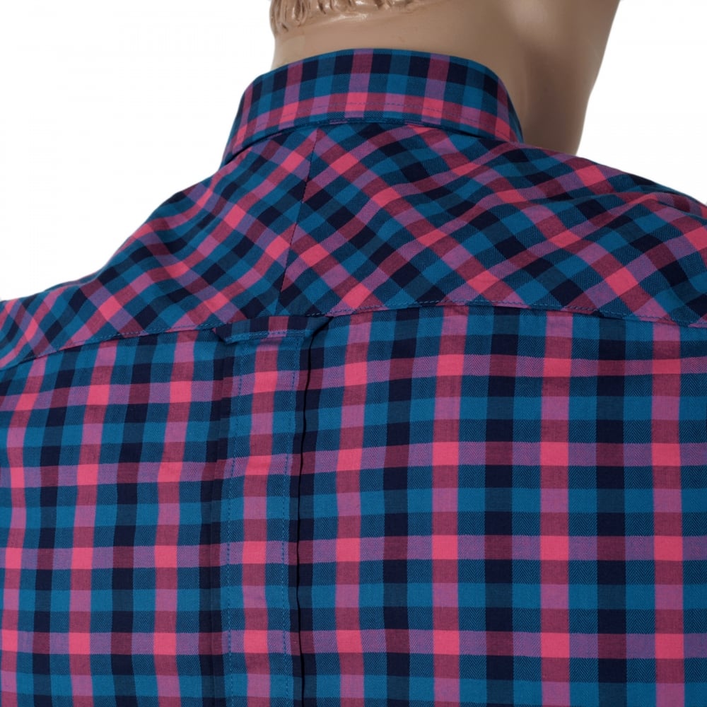 Mens Long Sleeve Blue and Pink Gingham Check Shirt with embroidered chest logo from Fred Perry