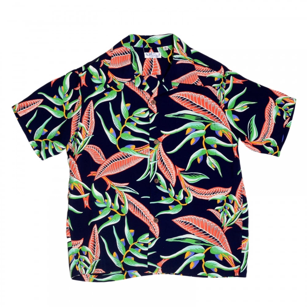 Hawaiian SS37463 Hanging Helicona Traditionl 1950’s Discharge Printed Regular Fit Shirt in Navy by Sun Surf