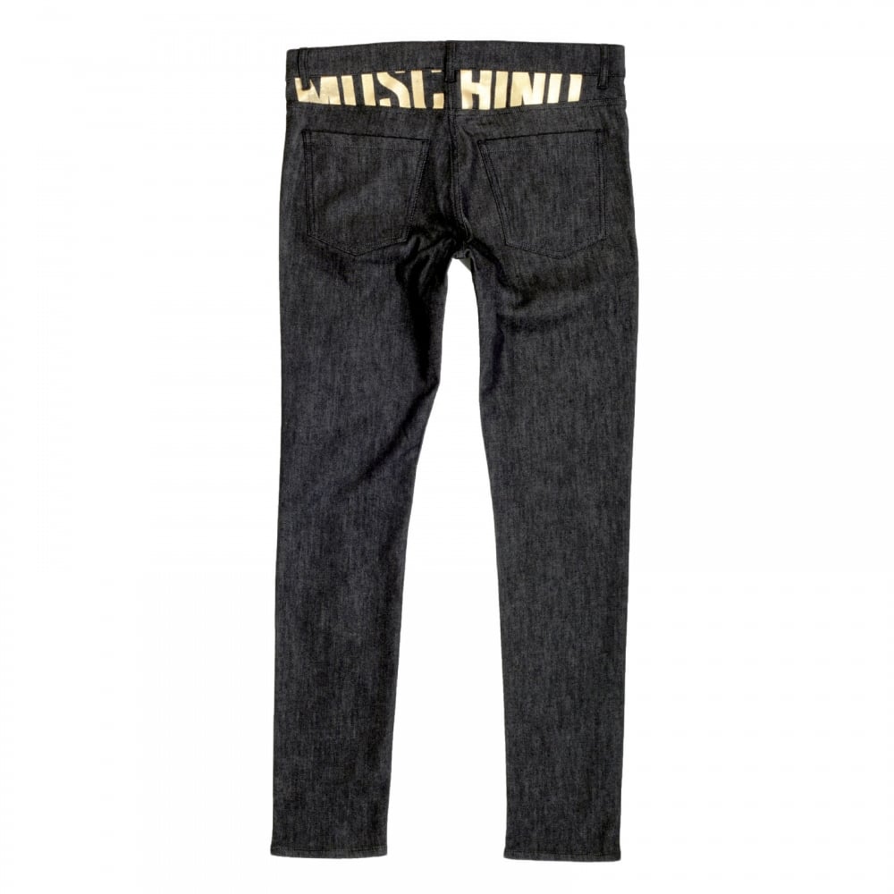 Moschino Slimmer Fit Gold Logo Printed Washed Black Jeans with Gold Waistband Button and Rivets