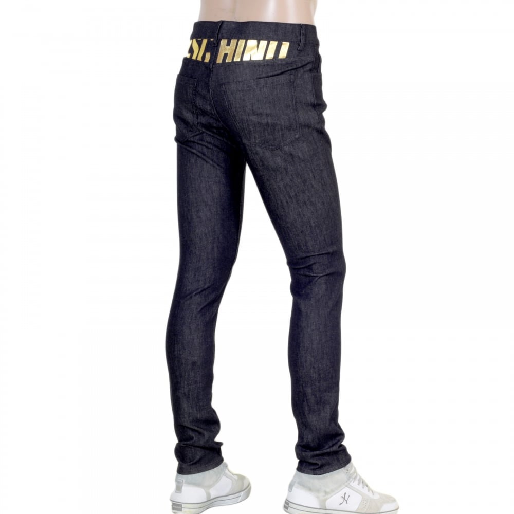 Moschino Slimmer Fit Gold Logo Printed Washed Black Jeans with Gold Waistband Button and Rivets