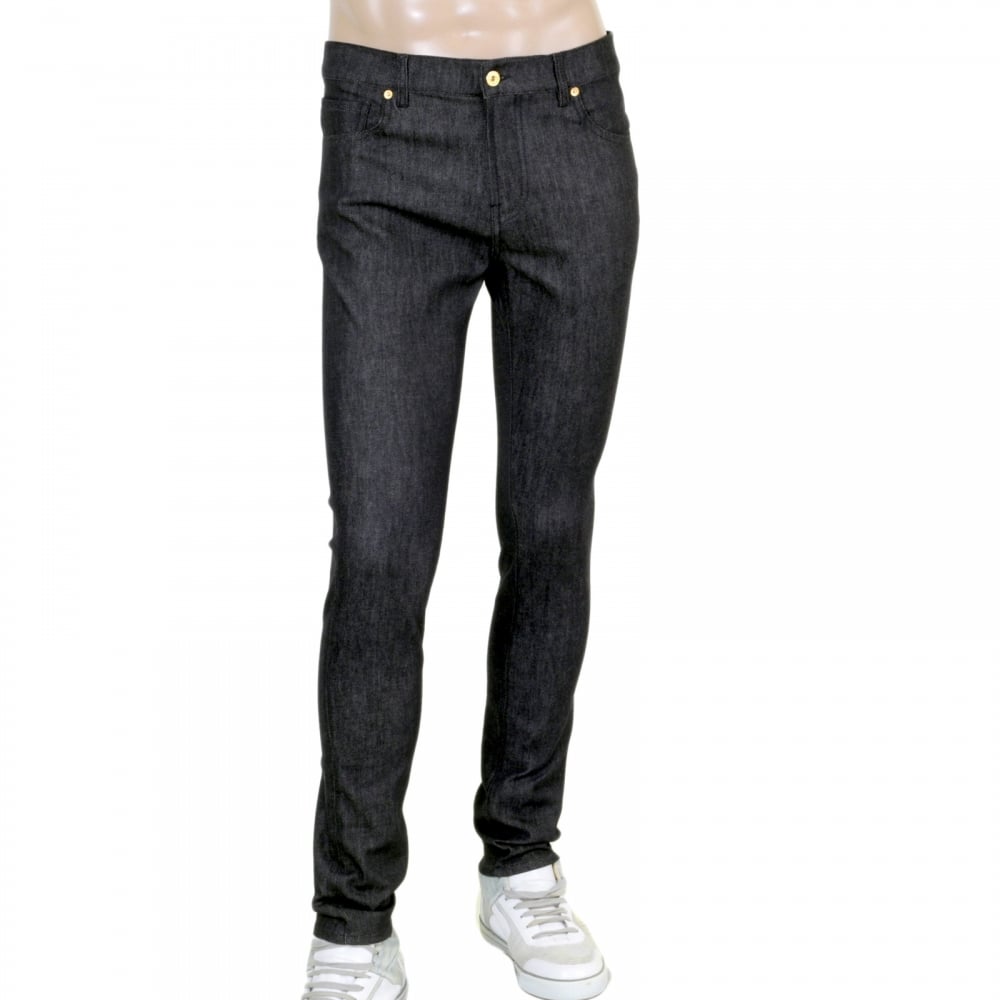 Moschino Slimmer Fit Gold Logo Printed Washed Black Jeans with Gold Waistband Button and Rivets