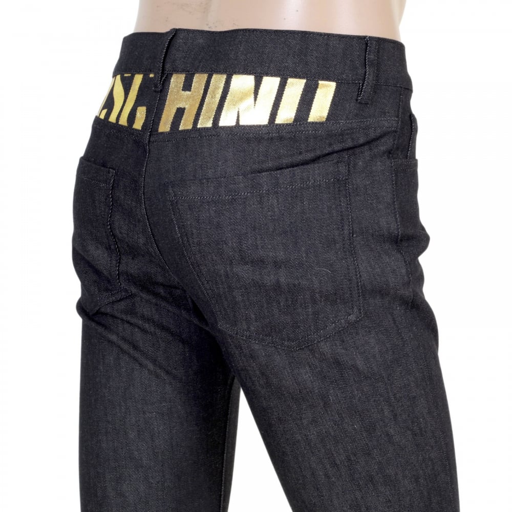 Moschino Slimmer Fit Gold Logo Printed Washed Black Jeans with Gold Waistband Button and Rivets