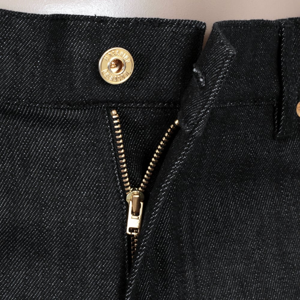 Moschino Slimmer Fit Gold Logo Printed Washed Black Jeans with Gold Waistband Button and Rivets