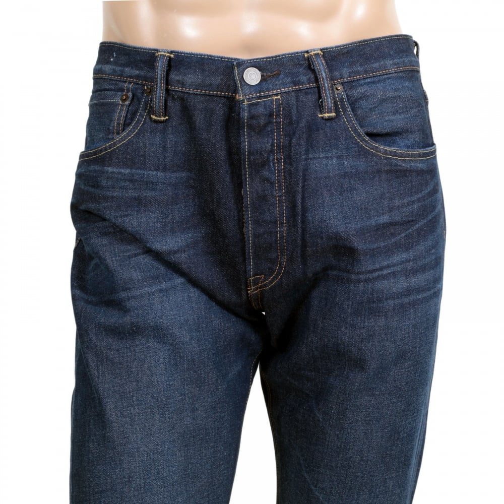Mens Original Fit 501 Regular Waist Straight Leg Button Fly Washed Blue Chip Jeans by Levis
