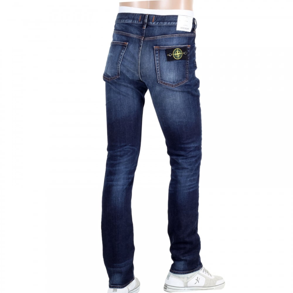 Mens Skinny Fit Zip Fly Vintage Wash with Fading Blue Denim Jeans by Stone Island