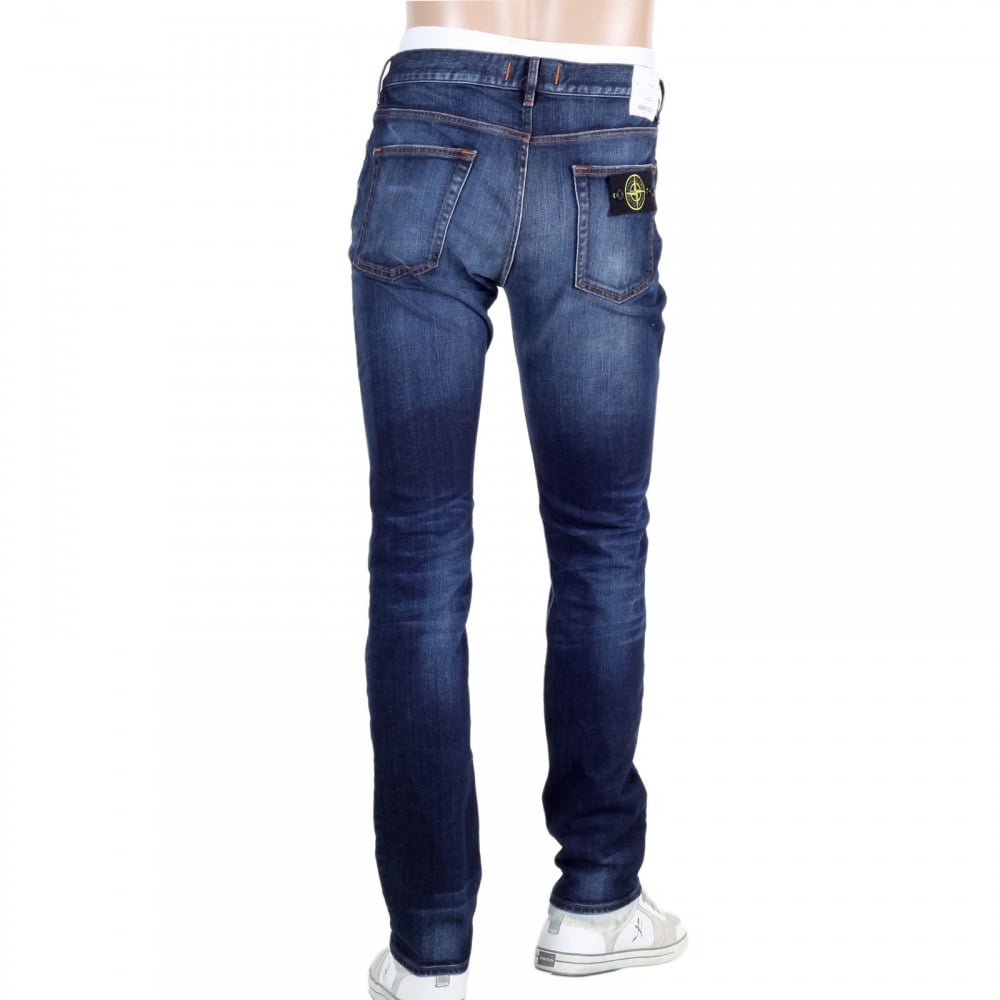 Mens Skinny Fit Zip Fly Vintage Wash with Fading Blue Denim Jeans by Stone Island
