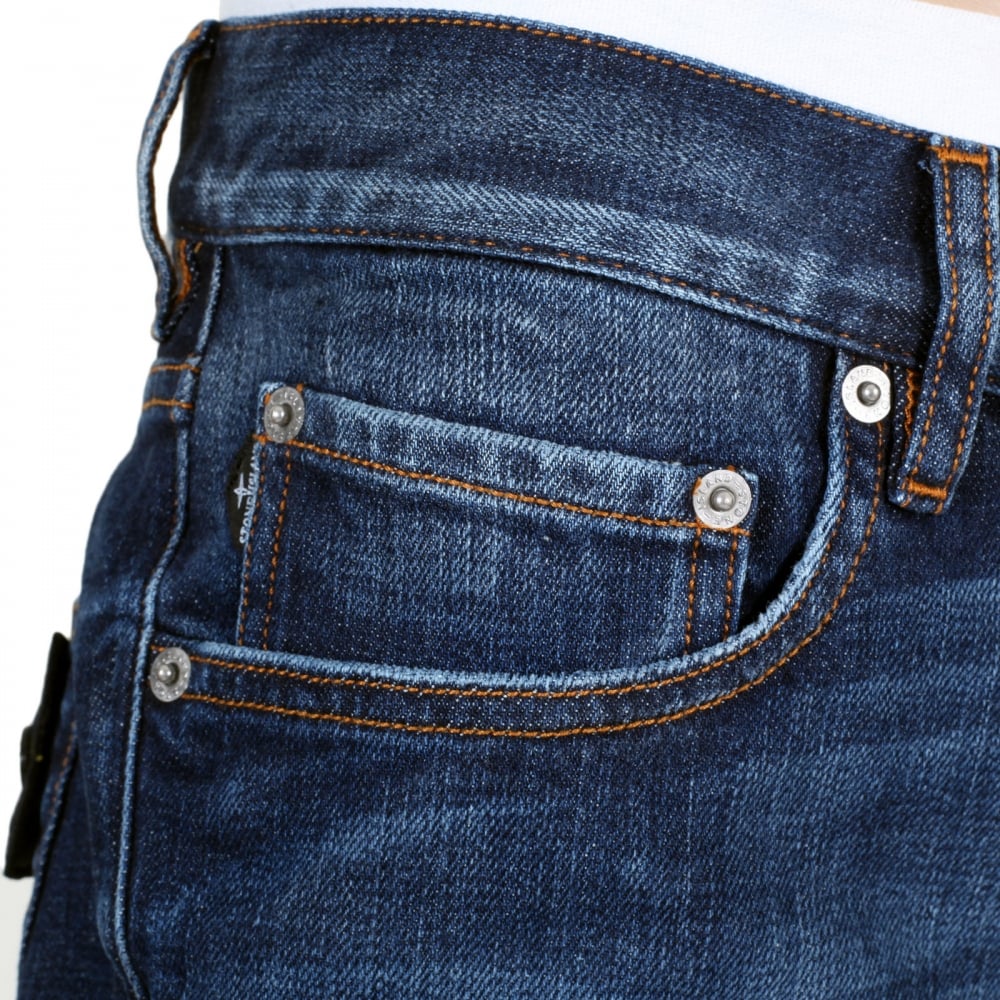 Mens Skinny Fit Zip Fly Vintage Wash with Fading Blue Denim Jeans by Stone Island