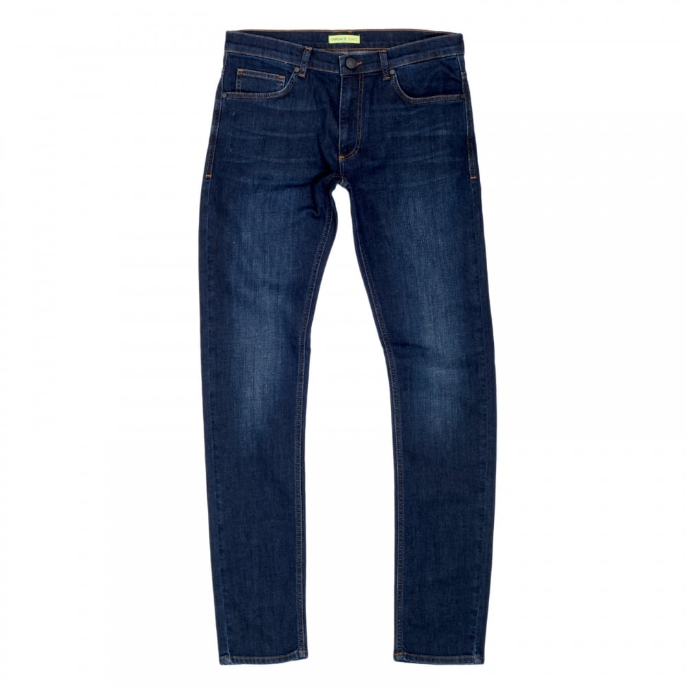Mens Stretch Skinny Fit Classic Dark Indigo Wash Jeans with Slight Fading by Versace