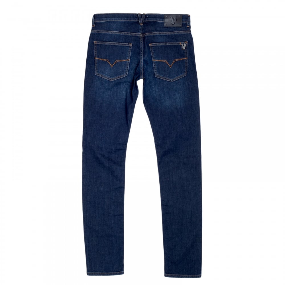 Mens Stretch Skinny Fit Classic Dark Indigo Wash Jeans with Slight Fading by Versace