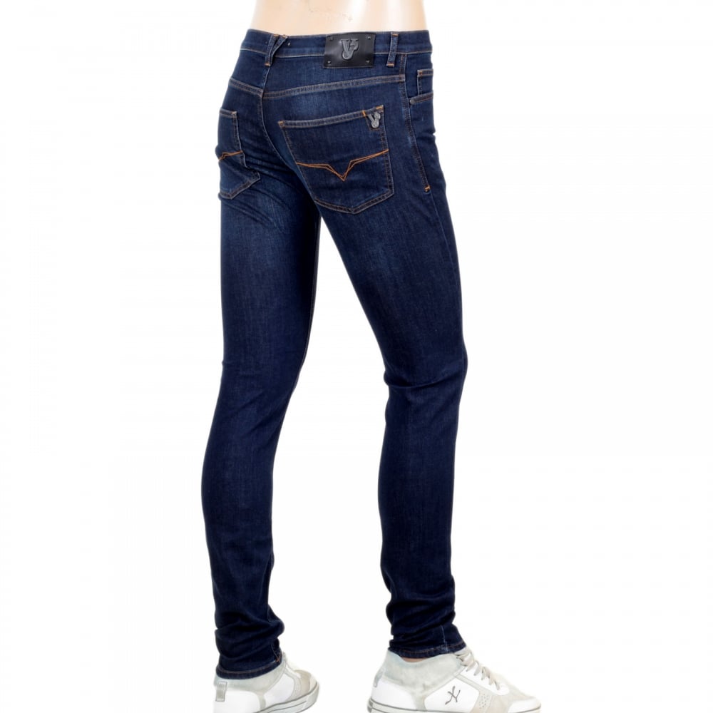 Mens Stretch Skinny Fit Classic Dark Indigo Wash Jeans with Slight Fading by Versace