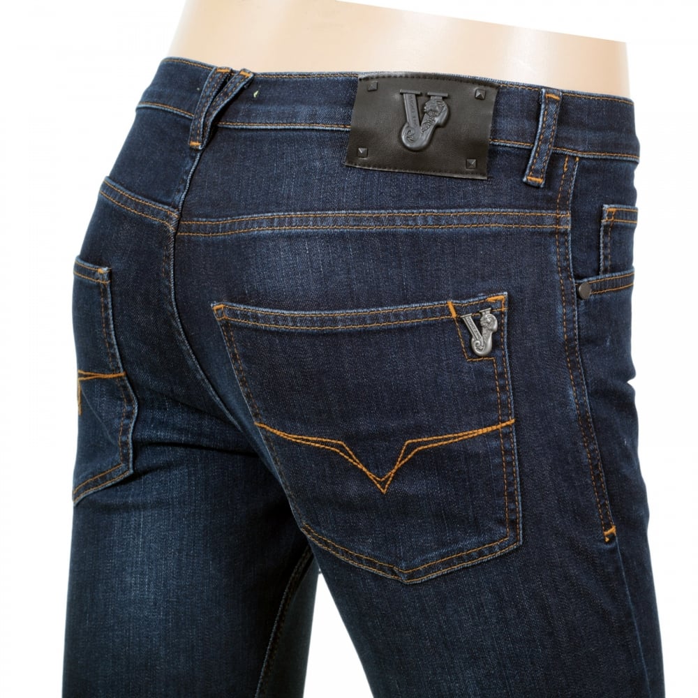 Mens Stretch Skinny Fit Classic Dark Indigo Wash Jeans with Slight Fading by Versace