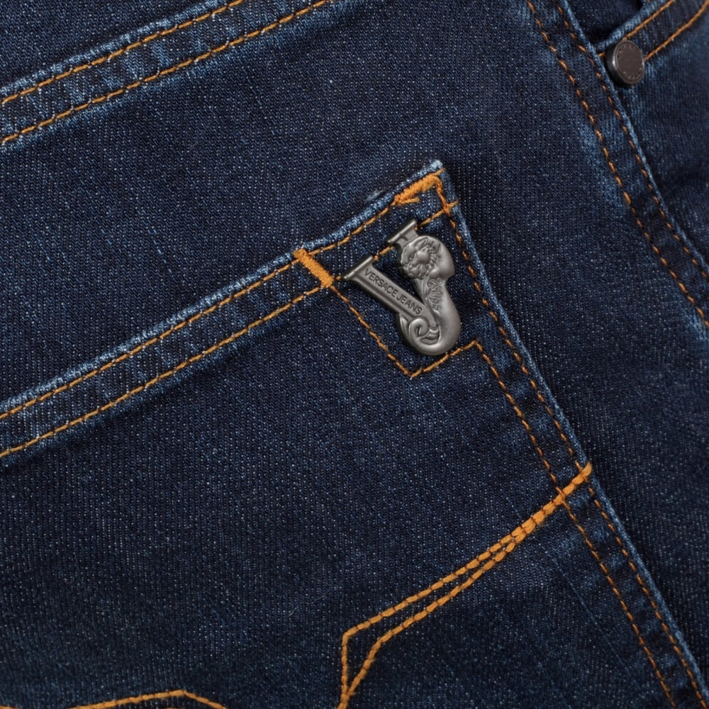 Mens Stretch Skinny Fit Classic Dark Indigo Wash Jeans with Slight Fading by Versace