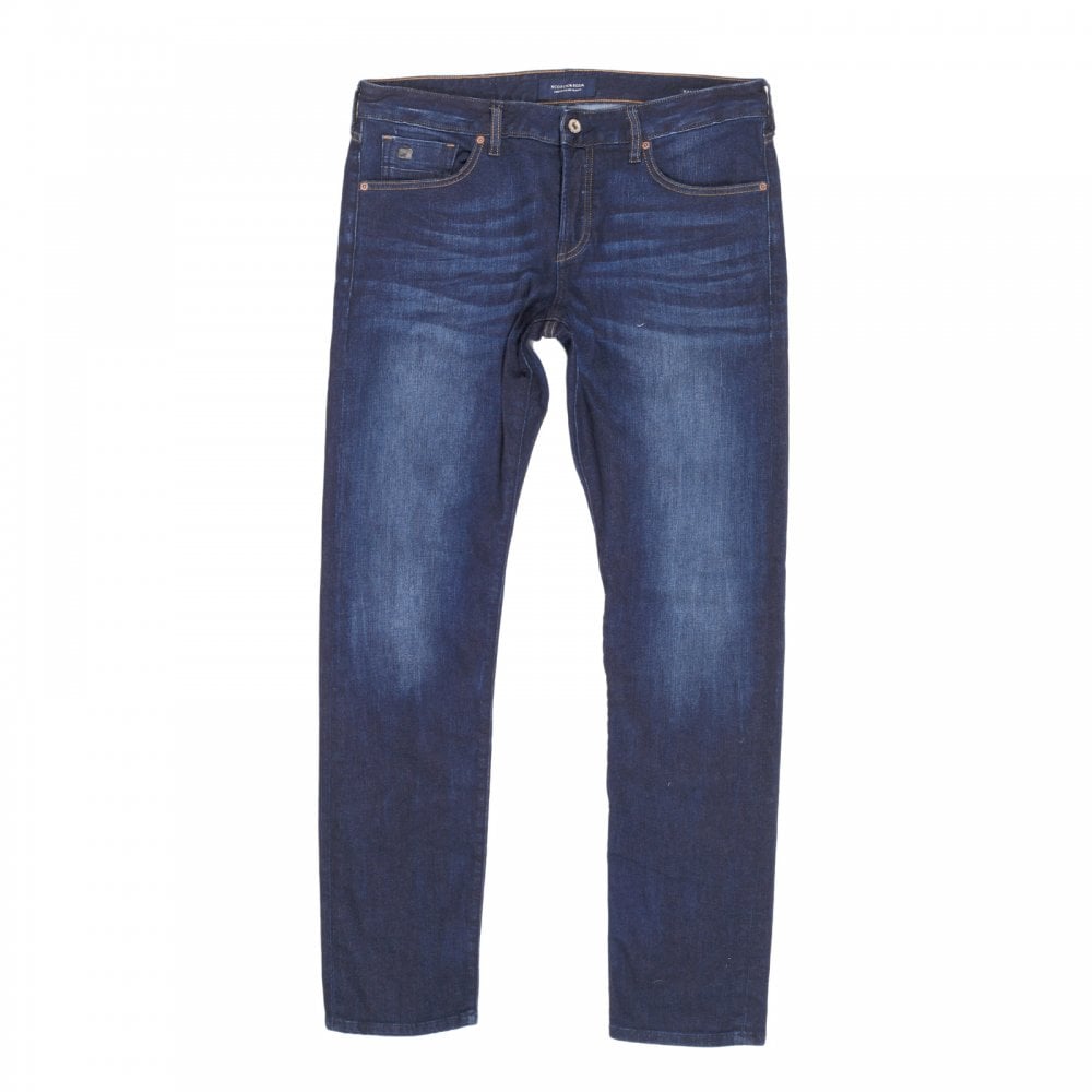 Mens Ralston 136055 Regular Slim Fit Jeans in Washed Indigo Blue with Fading and Creasing By Scotch & Soda