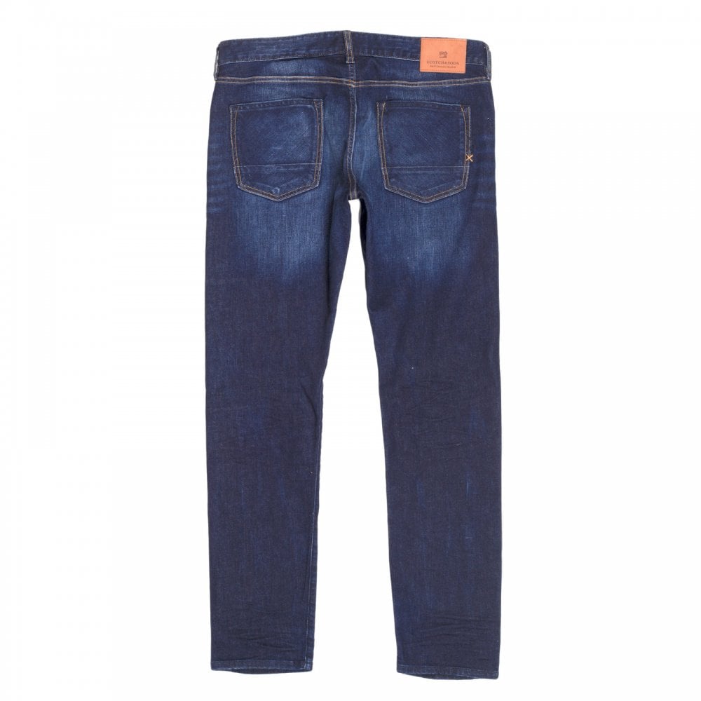 Mens Ralston 136055 Regular Slim Fit Jeans in Washed Indigo Blue with Fading and Creasing By Scotch & Soda