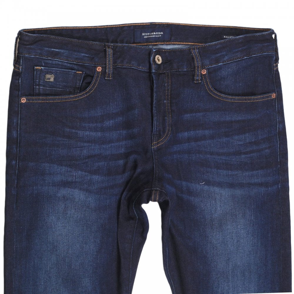 Mens Ralston 136055 Regular Slim Fit Jeans in Washed Indigo Blue with Fading and Creasing By Scotch & Soda