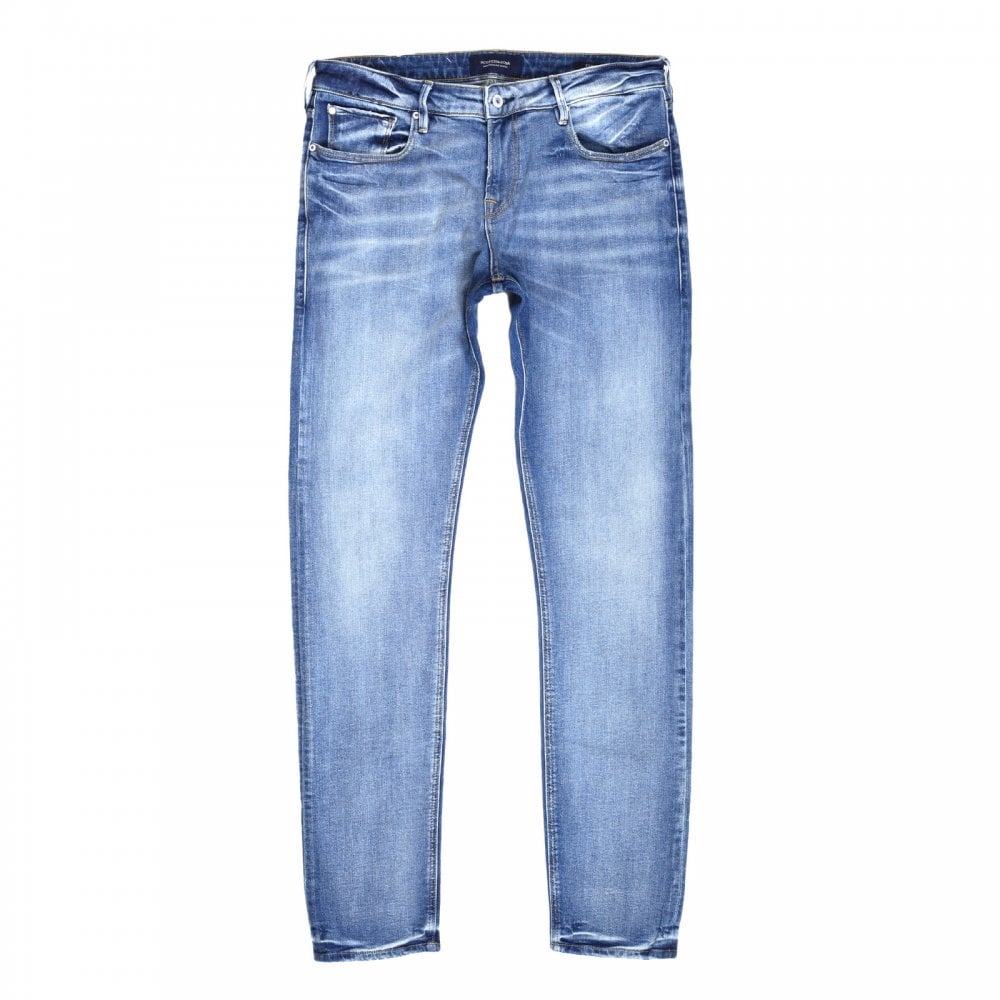 Mens TYE Atomic Rush 135106 Scotch & Soda Stretch Slim Carrot Fit Washed Blue Denim Jeans with Fading and Creasing