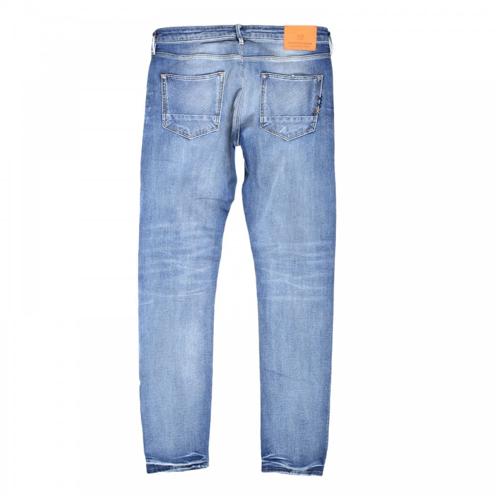 Mens TYE Atomic Rush 135106 Scotch & Soda Stretch Slim Carrot Fit Washed Blue Denim Jeans with Fading and Creasing