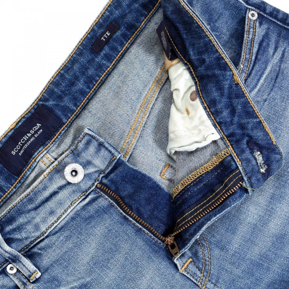 Mens TYE Atomic Rush 135106 Scotch & Soda Stretch Slim Carrot Fit Washed Blue Denim Jeans with Fading and Creasing
