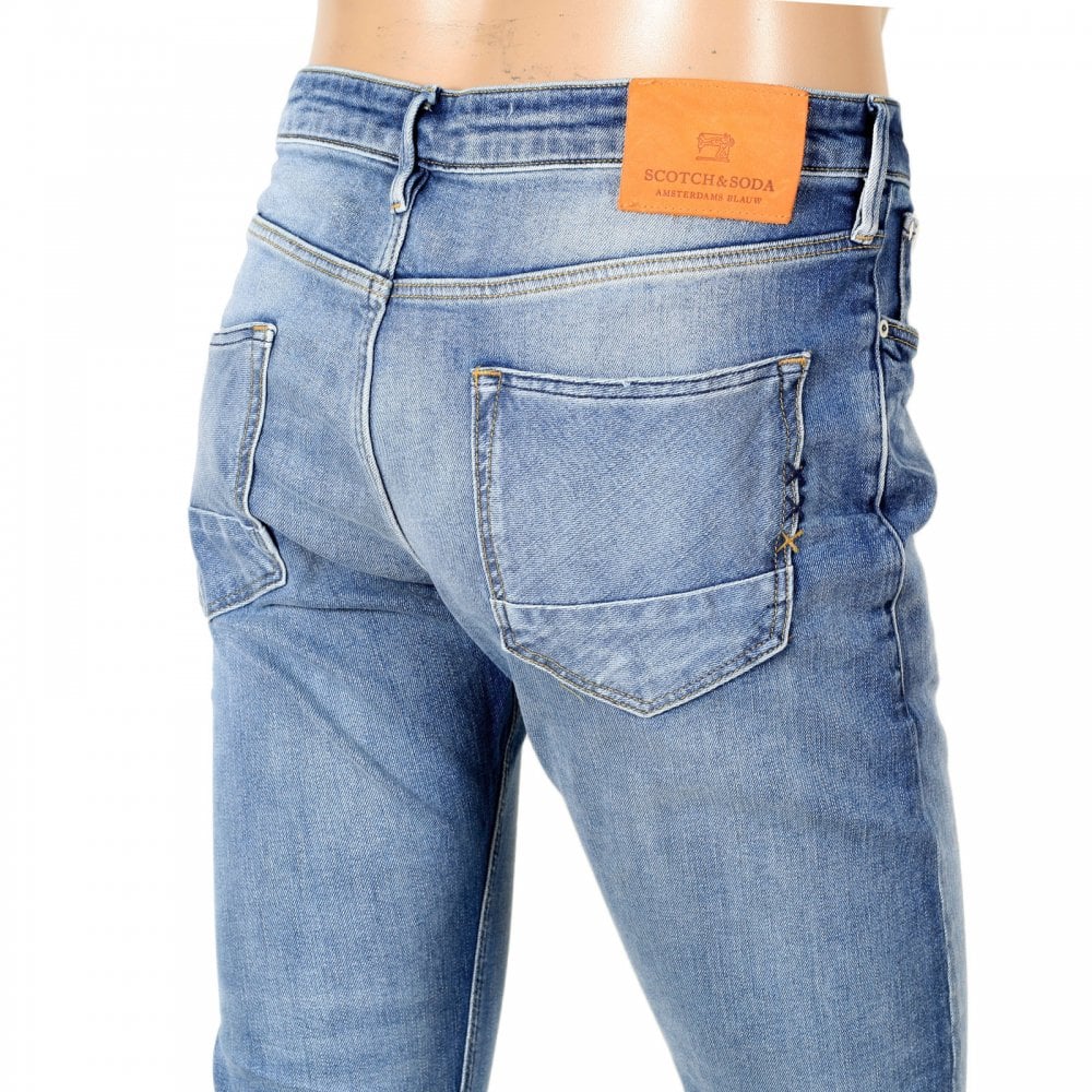 Mens TYE Atomic Rush 135106 Scotch & Soda Stretch Slim Carrot Fit Washed Blue Denim Jeans with Fading and Creasing