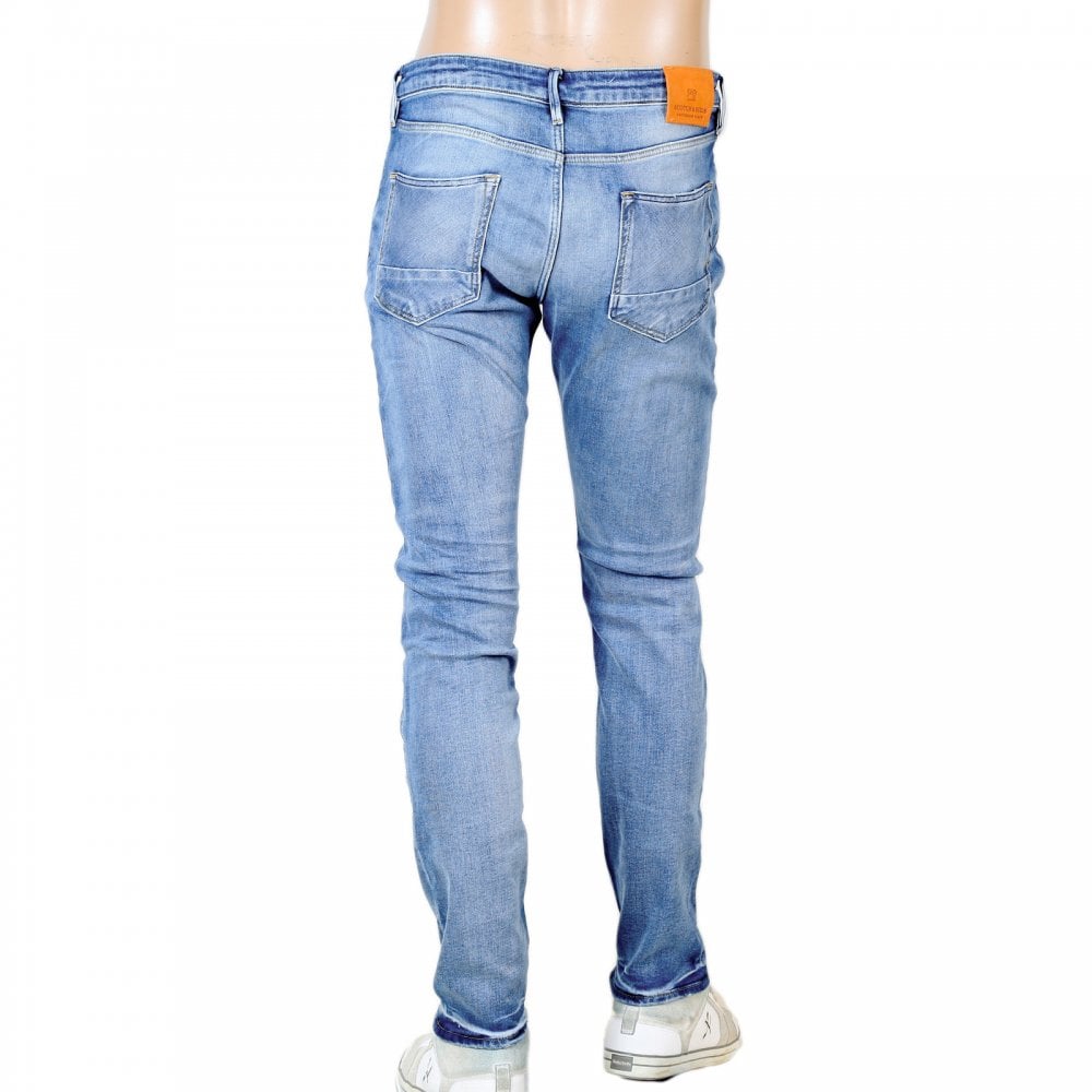Mens TYE Atomic Rush 135106 Scotch & Soda Stretch Slim Carrot Fit Washed Blue Denim Jeans with Fading and Creasing